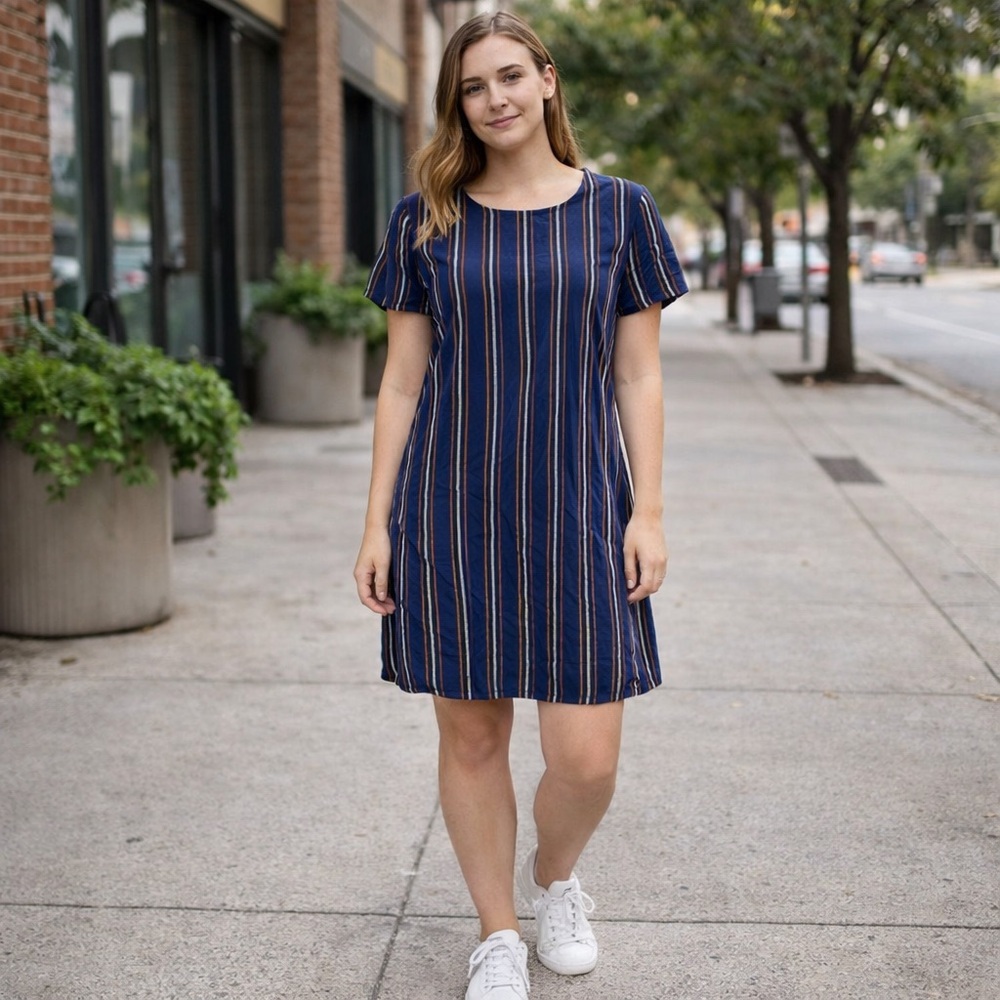Forever 21‎ Women's S 100% Rayon Blue Striped Knee Length Shirt Dress Casual